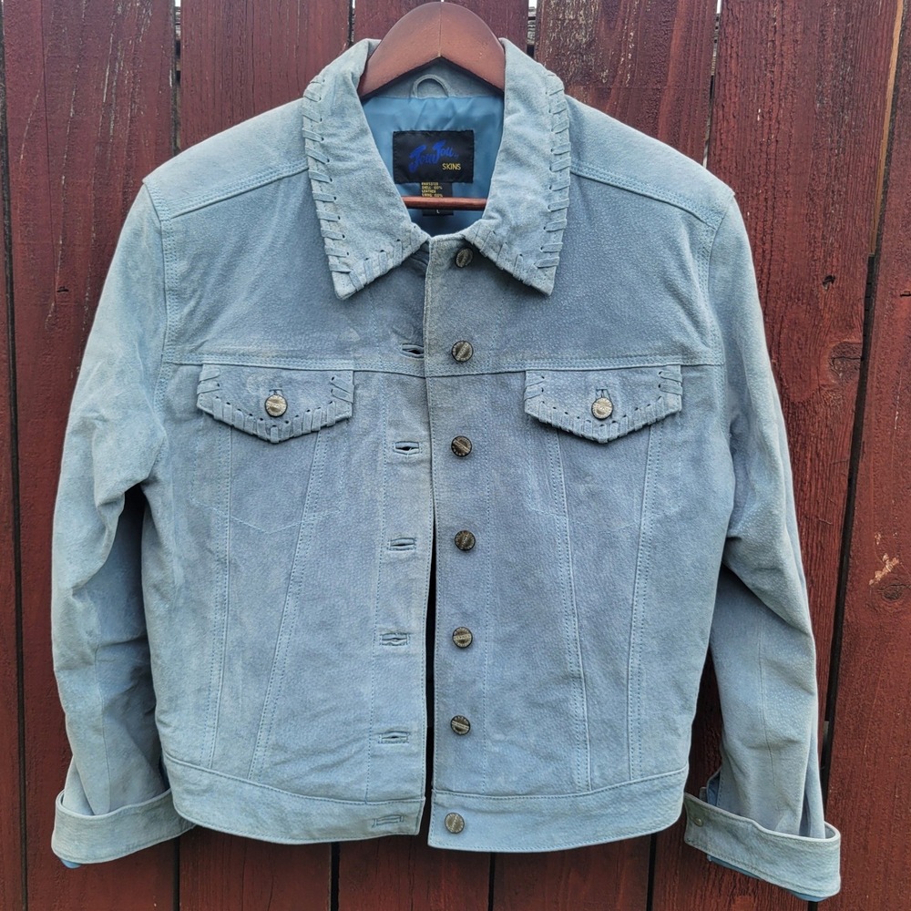 Vintage Y2k Light Blue Suede Leather Trucker Jacket Whipstitch Western Sz L Boho
